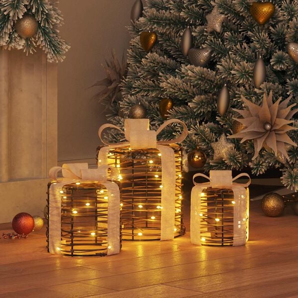 vidaXL Decorazione Scatola Regalo con 60 LED 3 pcs Bianco caldo Rattan