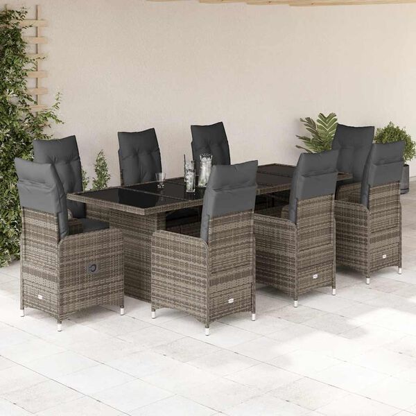 vidaXL Set Bistr&ograve; da Giardino 9 pz con Cuscini in Polyrattan Grigio