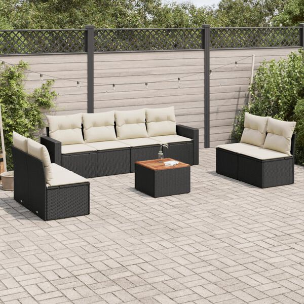 vidaXL Set Divani da Giardino 9 pz con Cuscini Nero in Polyrattan