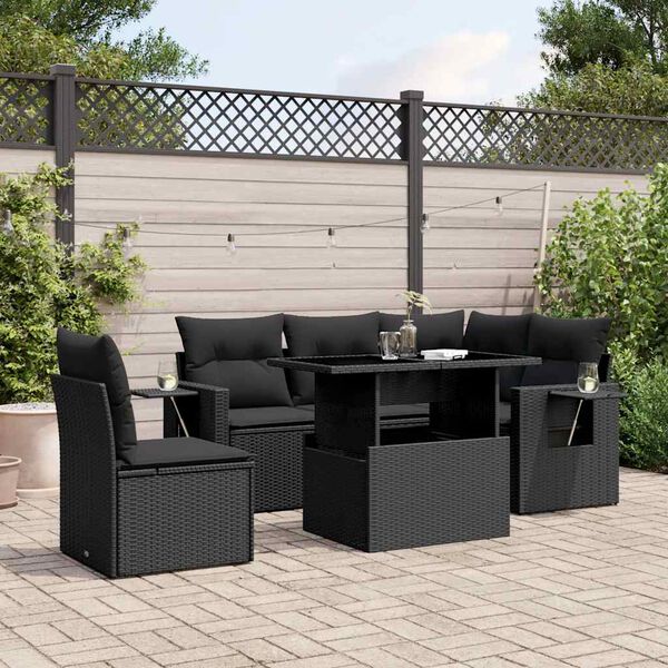 vidaXL Set Divano da Giardino 6 pz con Cuscini Nero in Polyrattan