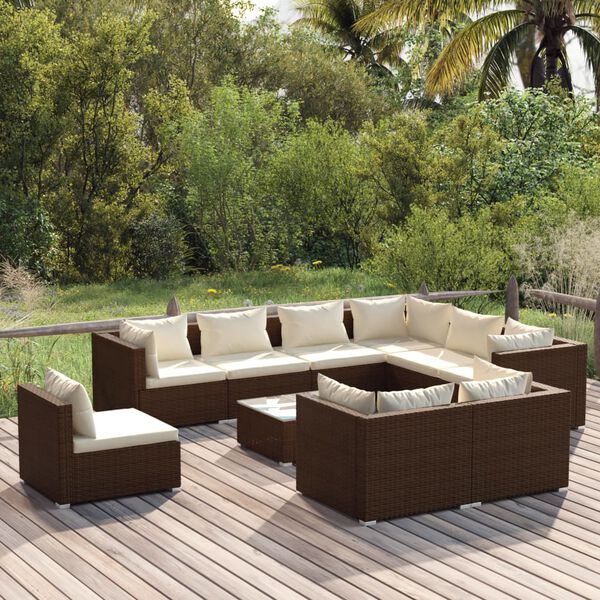 vidaXL Set Divani da Giardino 10 pz con Cuscini in Polyrattan Marrone