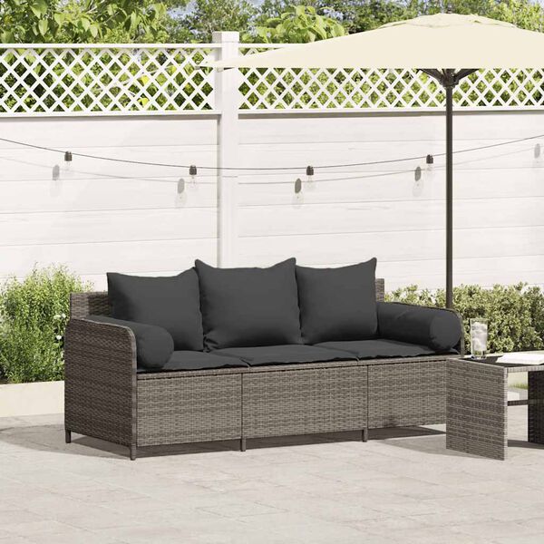 vidaXL Divano da Giardino con Cuscini 3 Posti Grigio in Polyrattan