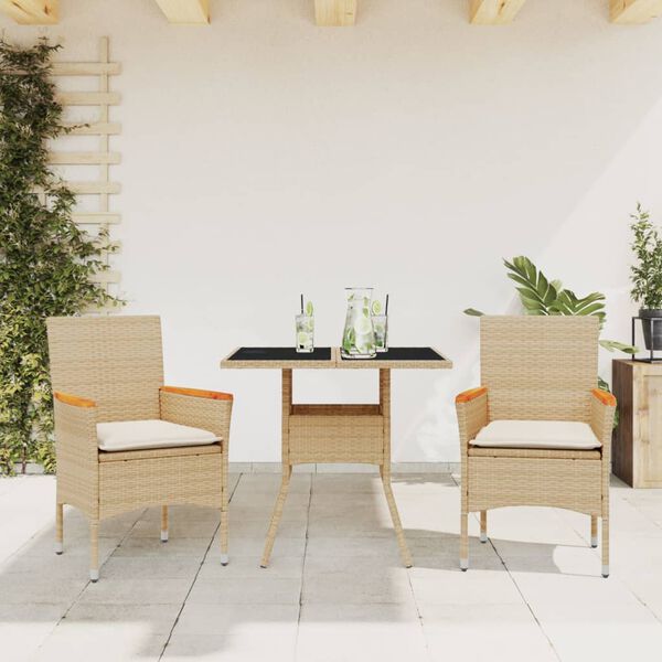 vidaXL Set da Pranzo da Giardino 3 pz con Cuscini Polyrattan e Vetro