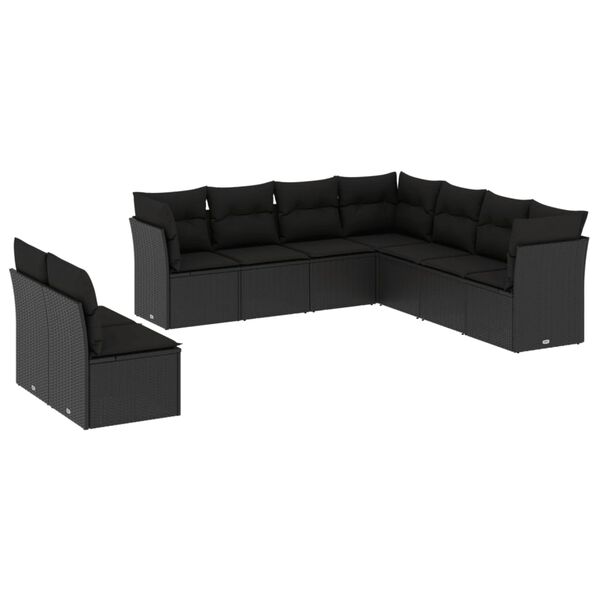 vidaXL Set Divani da Giardino 9 pz con Cuscini Nero in Polyrattan