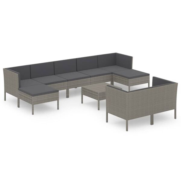 vidaXL Set Divani da Giardino 10 pz con Cuscini in Polyrattan Grigio