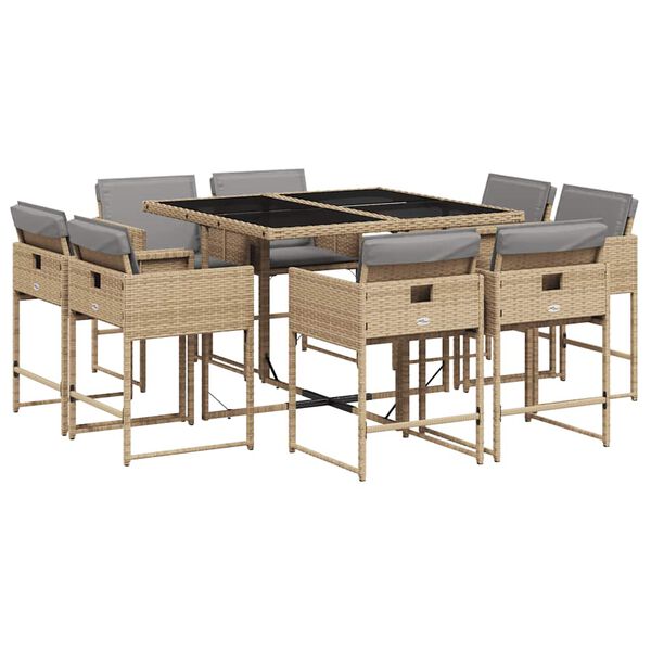 vidaXL Set Pranzo da Giardino 9 pz con Cuscini Beige Misto Polyrattan