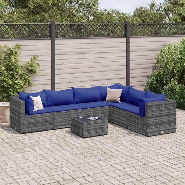 vidaXL Set Divani da Giardino 7 pz con Cuscini in Polyrattan Grigio