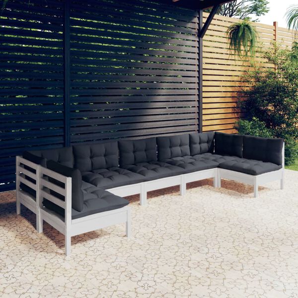 vidaXL Set Divani da Giardino 7 pz con Cuscini Bianchi Legno di Pino
