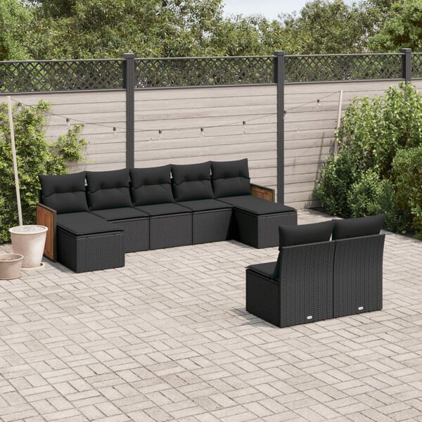 vidaXL Set Divani da Giardino 9 pz con Cuscini Nero in Polyrattan