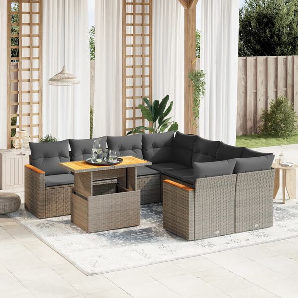 vidaXL Set Divano da Giardino 9 pz con Cuscini Grigio in Polyrattan