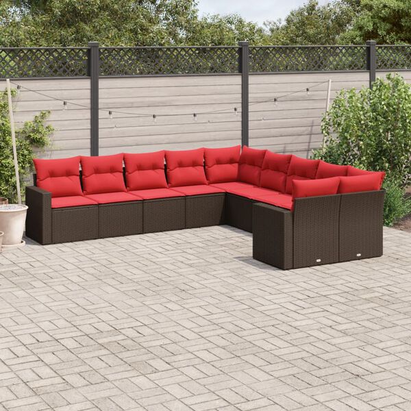 vidaXL Set Divani da Giardino 10pz con Cuscini in Polyrattan Marrone