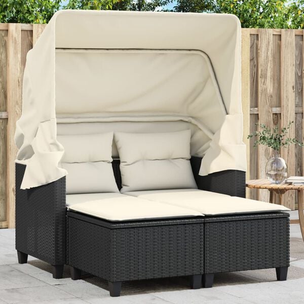 vidaXL Divano Giardino 2 Posti Baldacchino e Sgabelli Nero Polyrattan