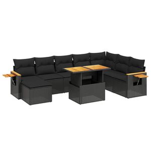 vidaXL Set Divani da Giardino 9 pz con Cuscini Nero Polyrattan Acacia