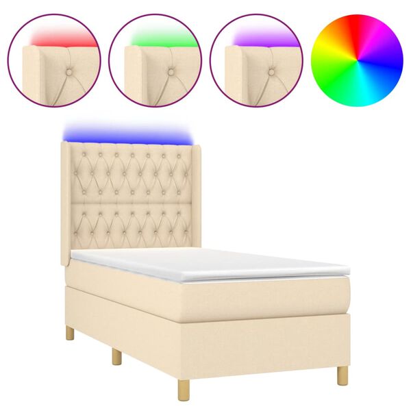 vidaXL Letto a Molle con Materasso e LED Crema 90x190 cm in Tessuto