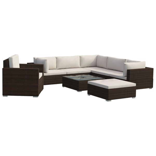 vidaXL Set Divani da Giardino 8 pz con Cuscini in Polyrattan Marrone