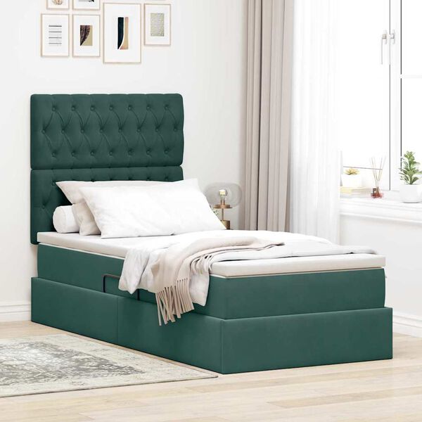 vidaXL Letto con contenitore e materasso Verde Scuro 100 x 200 cm