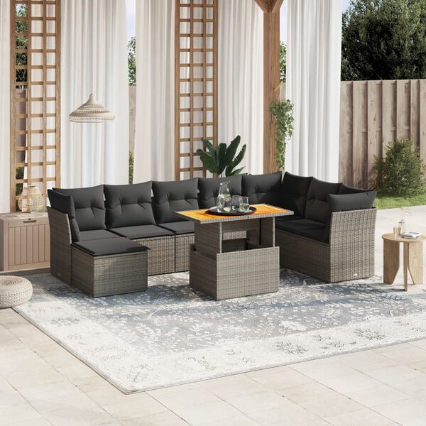 vidaXL Set Divano da Giardino 9 pz con Cuscini Grigio in Polyrattan