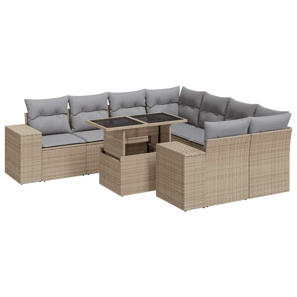 vidaXL Set Divano da Giardino 9 pz con Cuscini Beige in Polyrattan