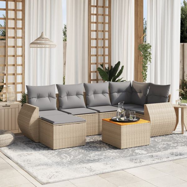 vidaXL Set Divani da Giardino 7 pz con Cuscini Beige in Polyrattan