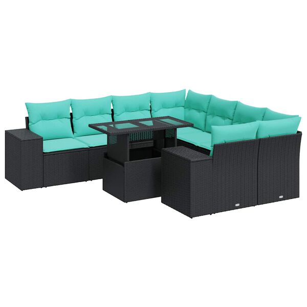 vidaXL Set Divani da Giardino 9 pz con Cuscini Nero Polyrattan Acacia