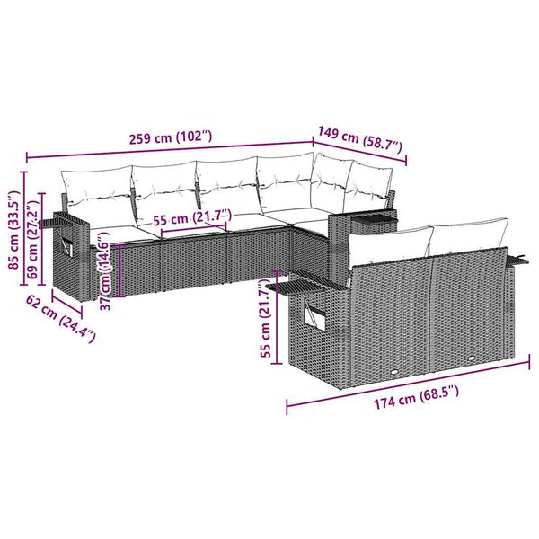 vidaXL Set Divani da Giardino 7pz con Cuscini Grigio Chiaro Polyrattan