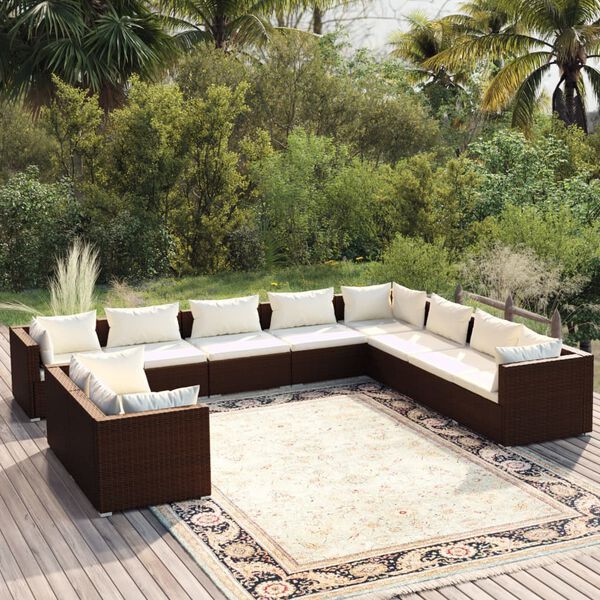 vidaXL Set Divani da Giardino 10 pz con Cuscini in Polyrattan Marrone