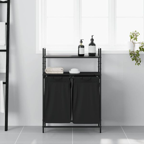 vidaXL Cesto della Biancheria 2 Scomparti con Ripiani Rovere Nero