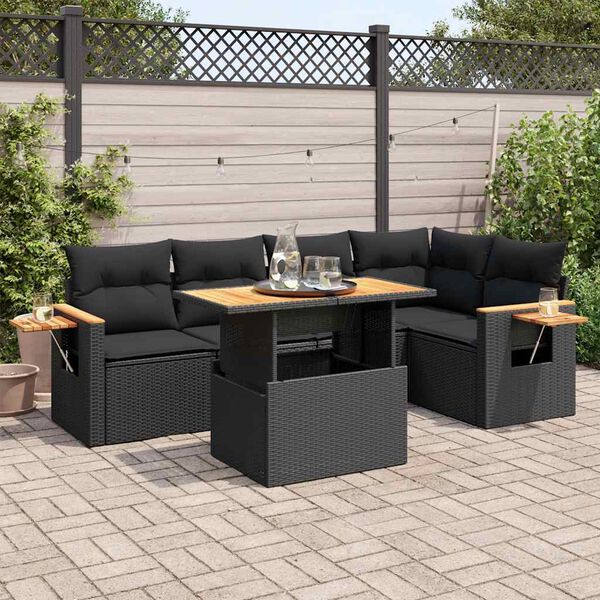 vidaXL Set Divano da Giardino 6 pz con Cuscini Nero Polyrattan Acacia