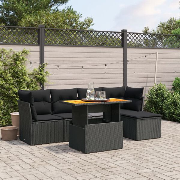 vidaXL Set Divano da Giardino 6 pz con Cuscini Nero in Polyrattan