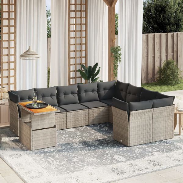 vidaXL Set Divano da Giardino 10 pz con Cuscini Grigio in Polyrattan