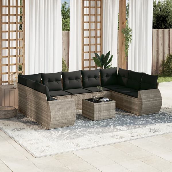 vidaXL Set Divano Giardino 10 pz con Cuscini Grigio Chiaro Polyrattan