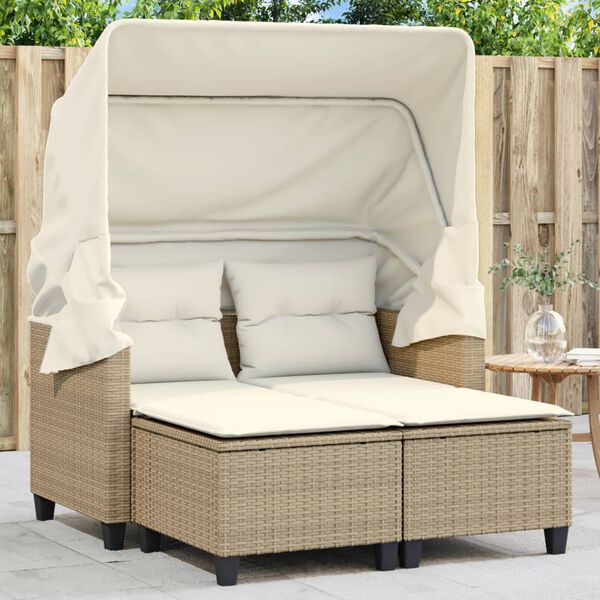 vidaXL Divano Giardino 2 Posti Baldacchino e Sgabelli Beige Polyrattan
