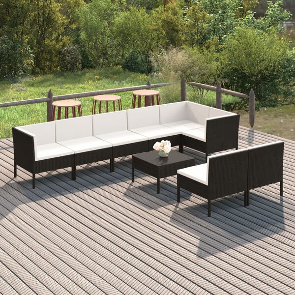 vidaXL Set Divani da Giardino 9 pz con Cuscini in Polyrattan Nero
