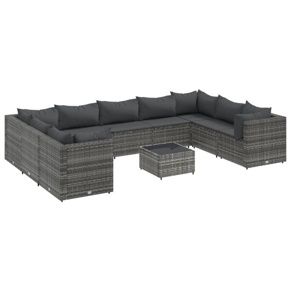 vidaXL Set Divani da Giardino 10 pz con Cuscini in Polyrattan Grigio