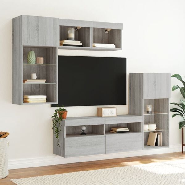 vidaXL Mobili TV a Muro con LED 5pz Grigio Sonoma in Legno Multistrato