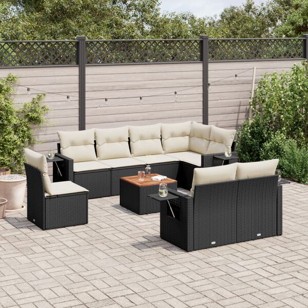 vidaXL Set Divani da Giardino 9 pz con Cuscini Nero in Polyrattan