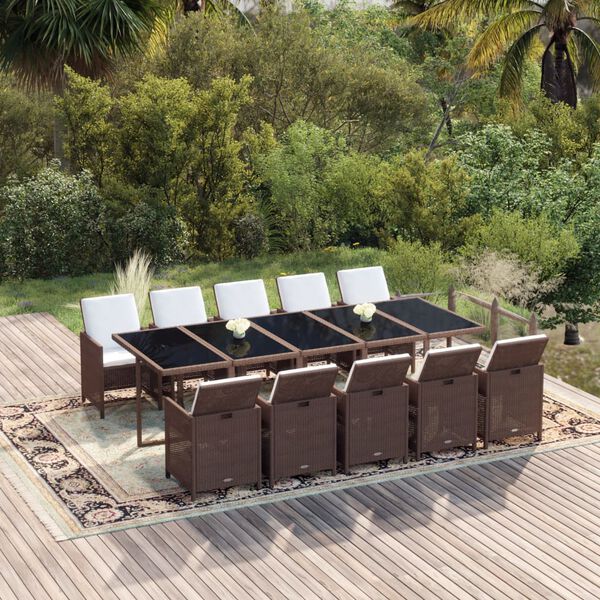 vidaXL Set da Pranzo da Giardino 11 pz con Cuscini Polyrattan Marrone