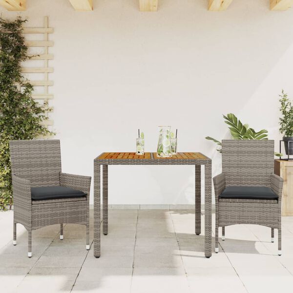 vidaXL Set Pranzo da Giardino 3pz con Cuscini Polyrattan Acacia Grigio