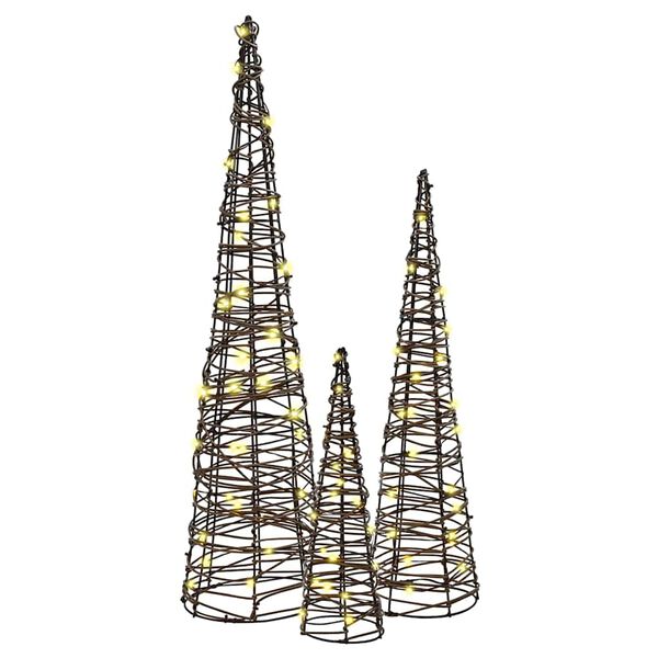 vidaXL Albero di Natale 3 pcs Bianco caldo 20 x 20 x 80 cm Rattan