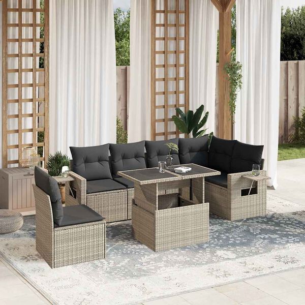 vidaXL Set Divani da Giardino 7pz con Cuscini Grigio Chiaro Polyrattan