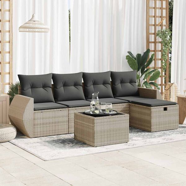 vidaXL Set Divano da Giardino 5pz con Cuscini Grigio Chiaro Polyrattan