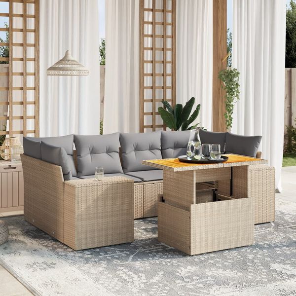 vidaXL Set Divani da Giardino 7 pz con Cuscini Beige in Polyrattan