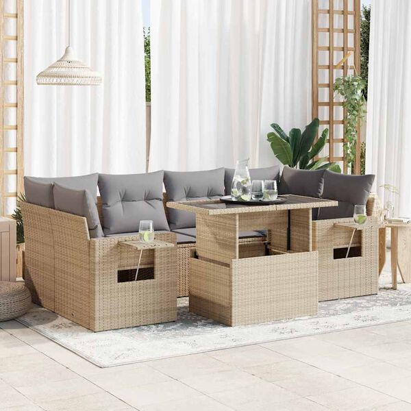 vidaXL Set Divani da Giardino 7 pz con Cuscini Beige in Polyrattan