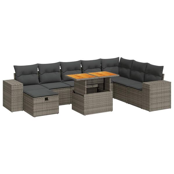 vidaXL Set Divano da Giardino 9pz con Cuscini Grigio Polyrattan Acacia