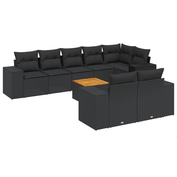 vidaXL Set Divani da Giardino 9 pz con Cuscini Nero in Polyrattan