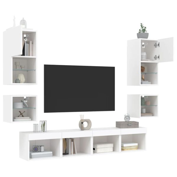 vidaXL Mobili TV a Muro con LED 8pz Bianchi in Legno Multistrato