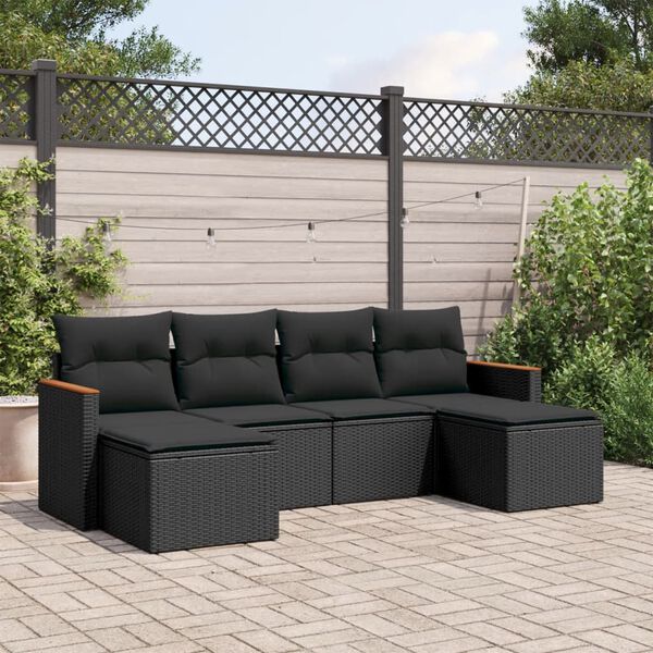 vidaXL Set Divano da Giardino 6 pz con Cuscini Nero in Polyrattan