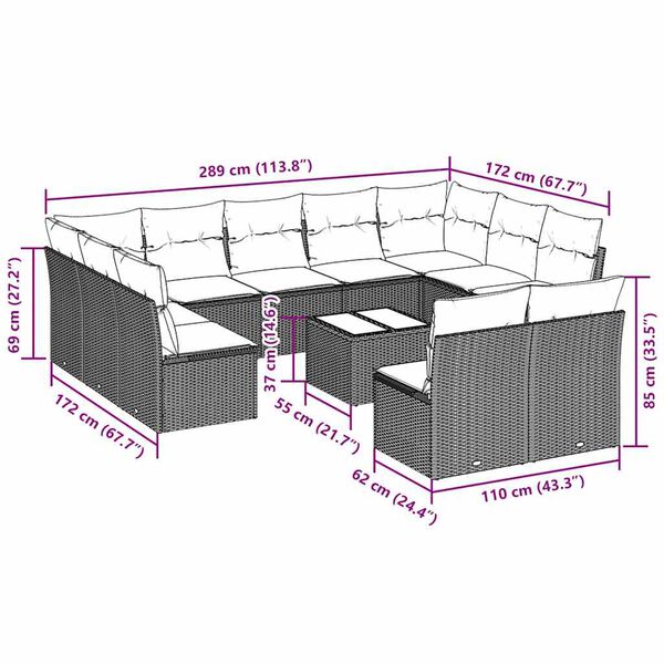 vidaXL Set Divano Giardino 12 pz con Cuscini Grigio Chiaro Polyrattan