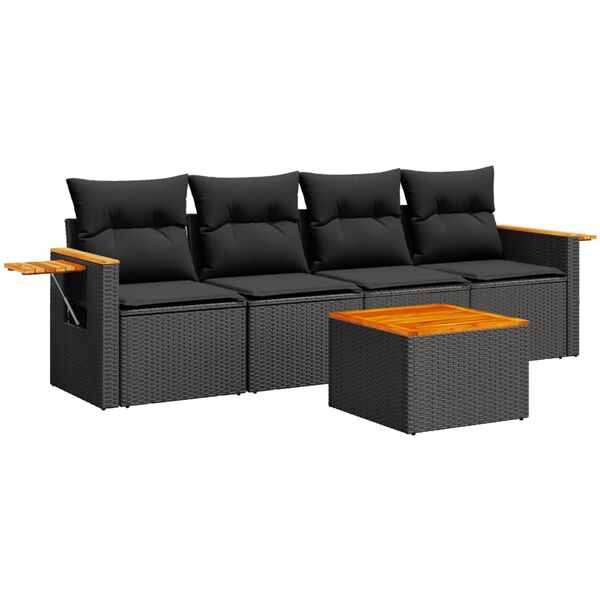 vidaXL Set Divani da Giardino 5 pz con Cuscini in Polyrattan Nero