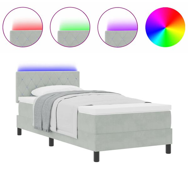 vidaXL Letto a Sorgente LED Grigio chiaro 90 x 200 cm Velluto